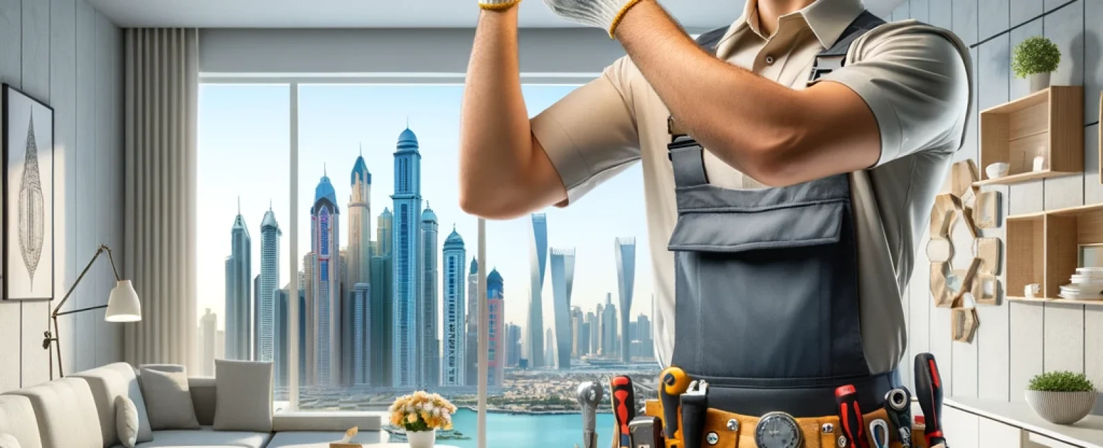 dall-e-2025-02-17-15.45.10-a-professional-handyman-in-dubai-wearing-a-uniform-and-tool-belt-fixing-a-light-fixture-in-a-modern-office-while-another-handyman-repairs-a-cabinet-